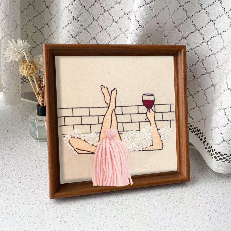 Rubbyoo Embroidery Kit - Wine And Bath | 3d Hair Handicraft | Creative Needle Artwork - Embroidery Kit Plus An Extra Frame - image 2