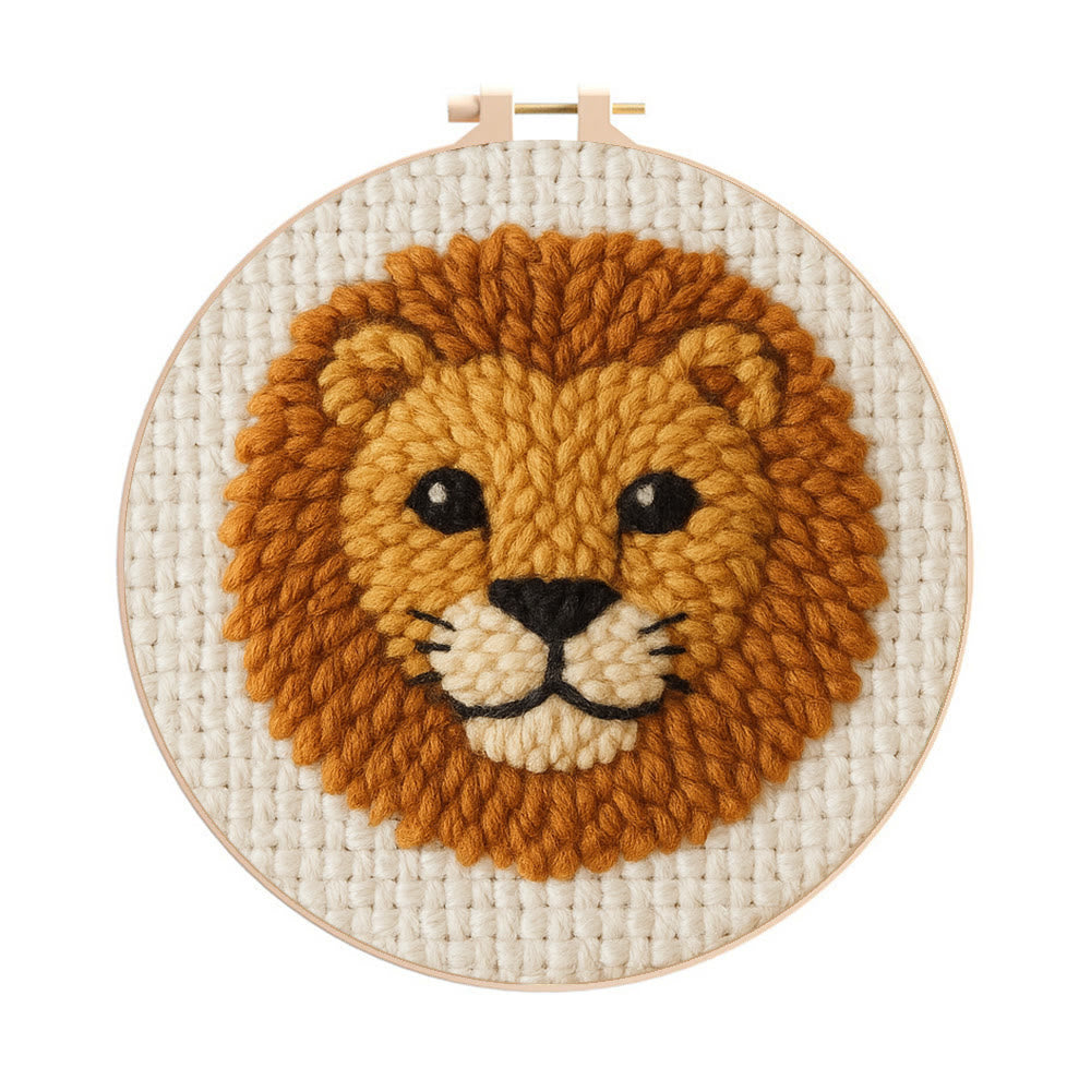 Cute Lion Punch Needle Kit - Handmade Animal Yarn Craft  | Diy Gift For Child - 8 inch Hoop Kit - image 0