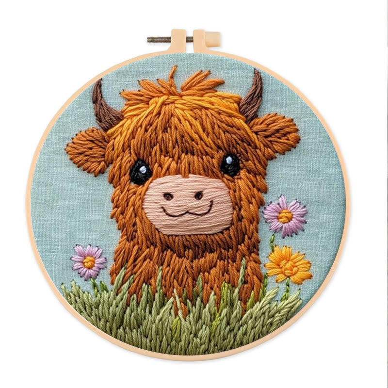 Floral Cow Punch Needle Kit - Adorable Animal Craft | Easy For Adults And Children - 8 inch Hoop Kit - image 0