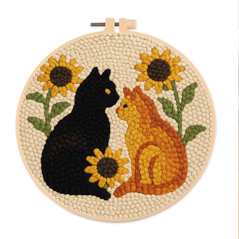 Sunflower Cats Punch Needle Kit - Lovely Animal Yarn Craft  | Diy Room Decor  - 8 inch Hoop Kit - image 0