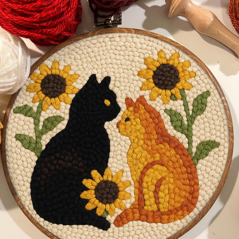 Sunflower Cats Punch Needle Kit - Lovely Animal Yarn Craft  | Diy Room Decor  - image 1