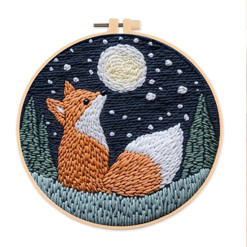 Fox In Night Punch Needle Kit - Diy Animal Handicraft | Nice Craft For Home Ornament  - 8 inch Hoop Kit - image 0