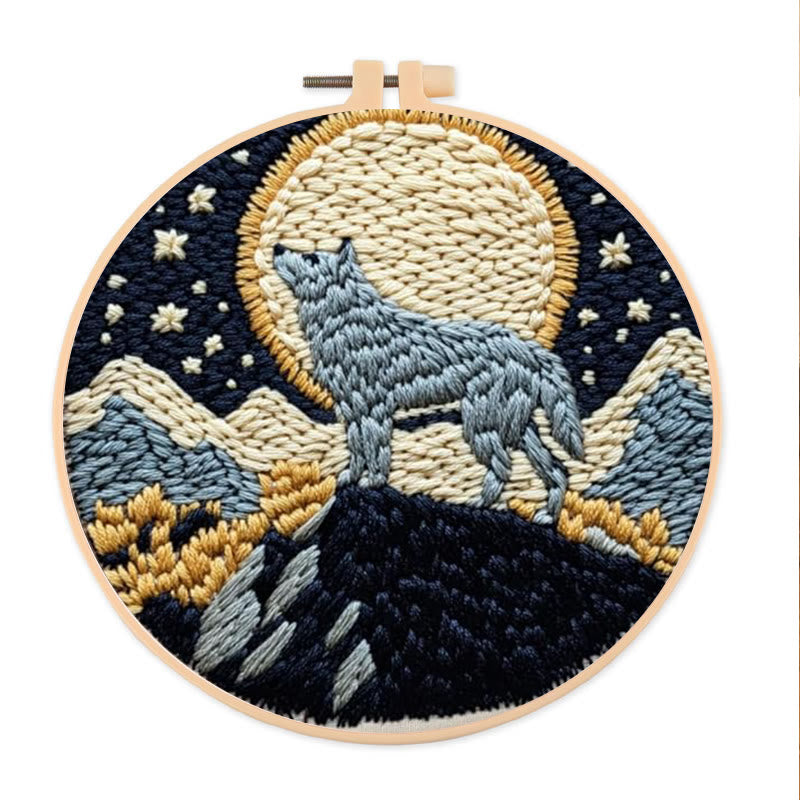Wolf And Moon Punch Needle Kit - Unique Needle Artwork | Perfect Wall Hanging - 8 inch Hoop Kit - image 0
