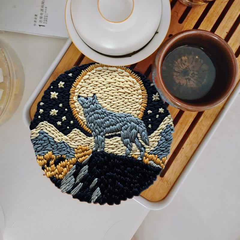 Wolf And Moon Punch Needle Kit - Unique Needle Artwork | Perfect Wall Hanging - 5 inch Coaster Kit - image 3