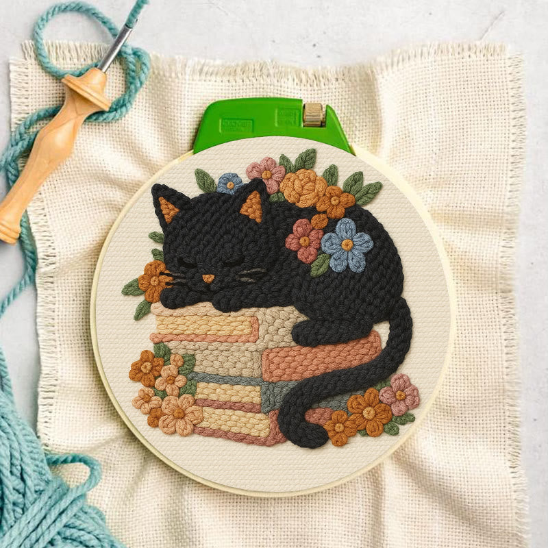 Sleeping Cat Punch Needle Kit - Helloween Decorative Craft | Diy Animal Artwork - image 1