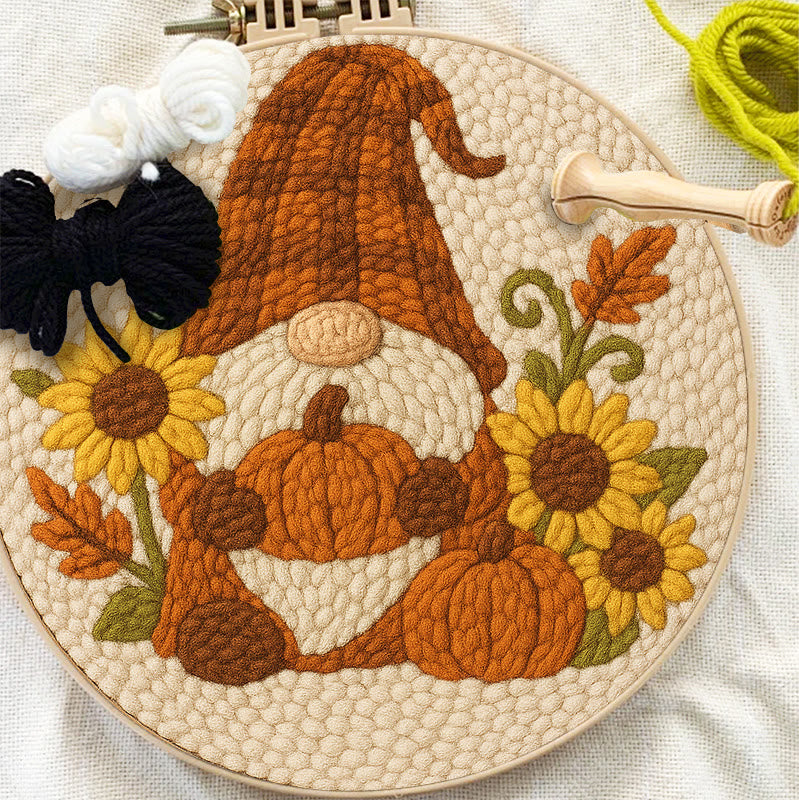 Sunflower Gnome Punch Needle Kit - Halloween Pumpkin Craft | Holiday Handmade Decor - image 1
