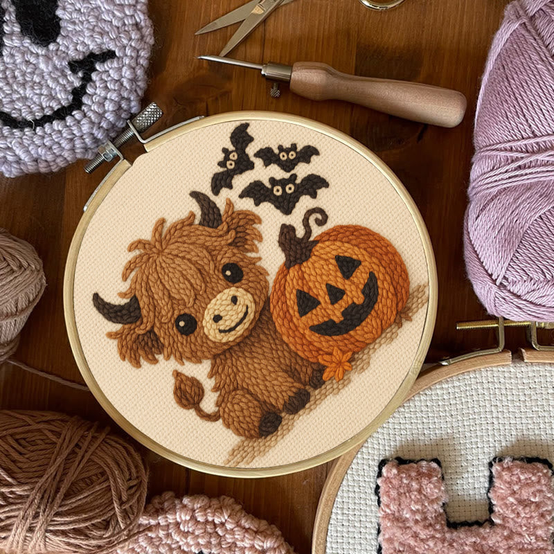 Cow Wtih Pumpkin Punch Needle Kit - Halloween Animal Decor | Diy Hoop Artwork - image 7