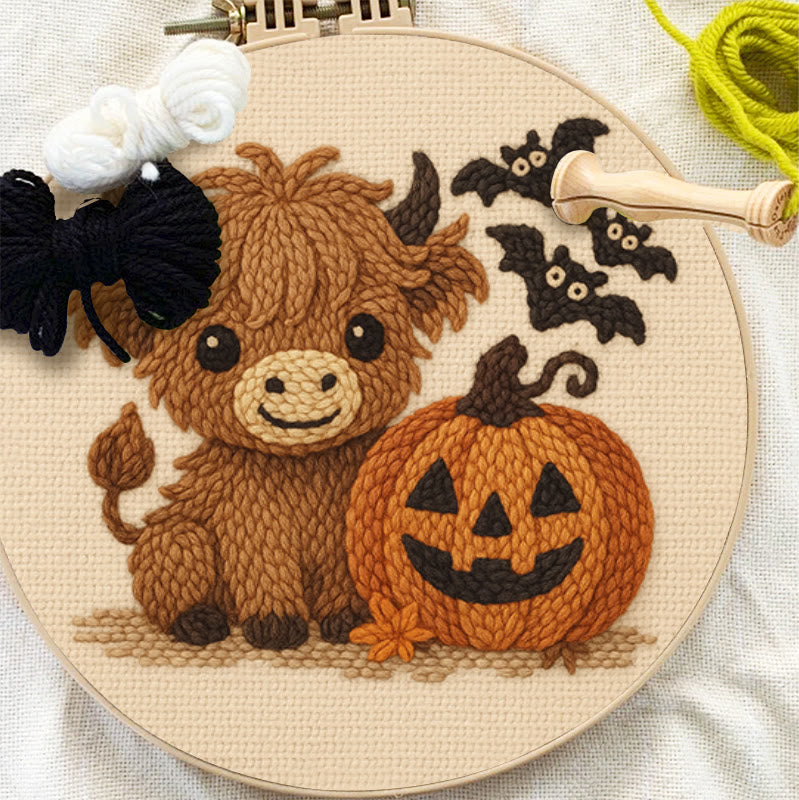 Cow Wtih Pumpkin Punch Needle Kit - Halloween Animal Decor | Diy Hoop Artwork - image 2
