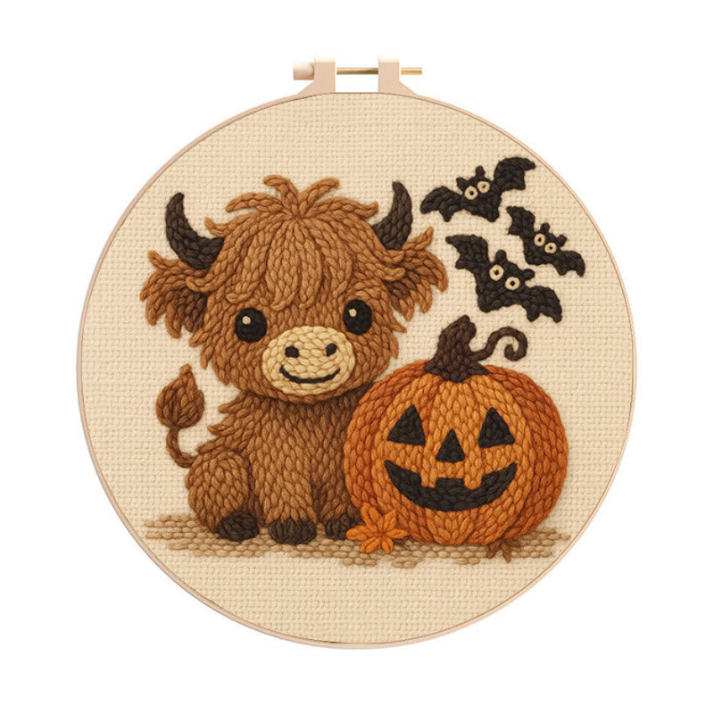 Cow Wtih Pumpkin Punch Needle Kit - Halloween Animal Decor | Diy Hoop Artwork - 8 inch Hoop Kit - image 0
