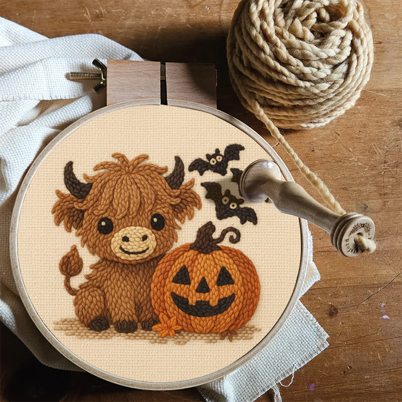 Cow Wtih Pumpkin Punch Needle Kit - Halloween Animal Decor | Diy Hoop Artwork - image 8