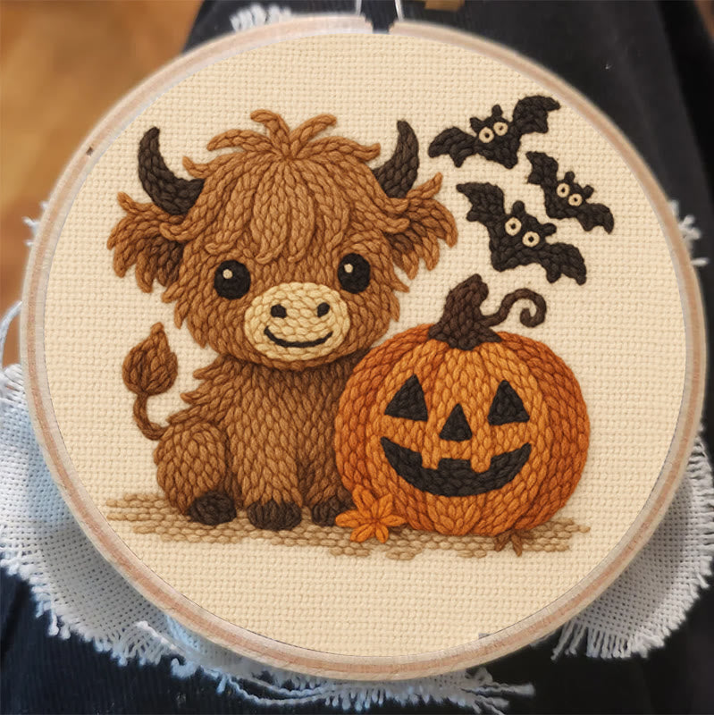 Cow Wtih Pumpkin Punch Needle Kit - Halloween Animal Decor | Diy Hoop Artwork - image 1