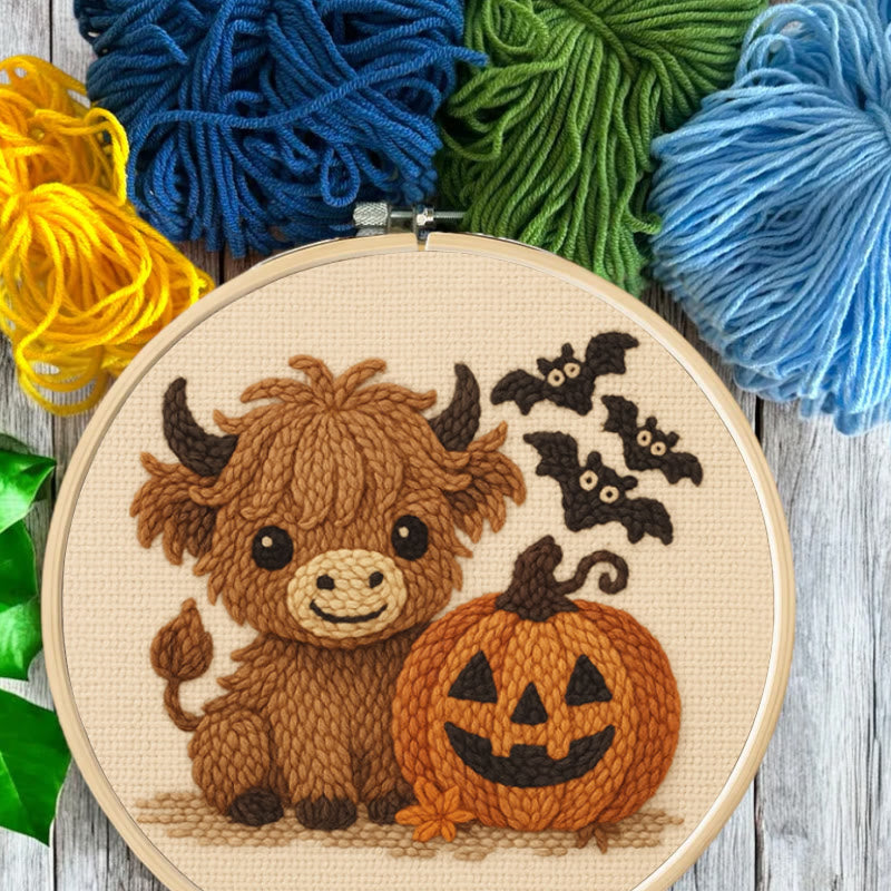 Cow Wtih Pumpkin Punch Needle Kit - Halloween Animal Decor | Diy Hoop Artwork - image 3