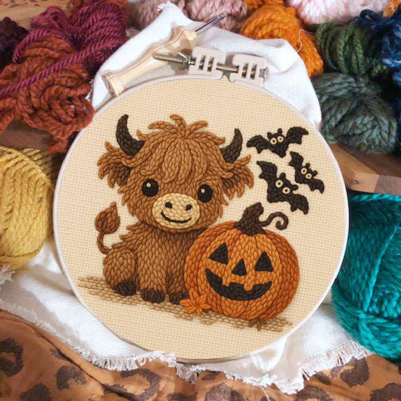 Cow Wtih Pumpkin Punch Needle Kit - Halloween Animal Decor | Diy Hoop Artwork - image 5