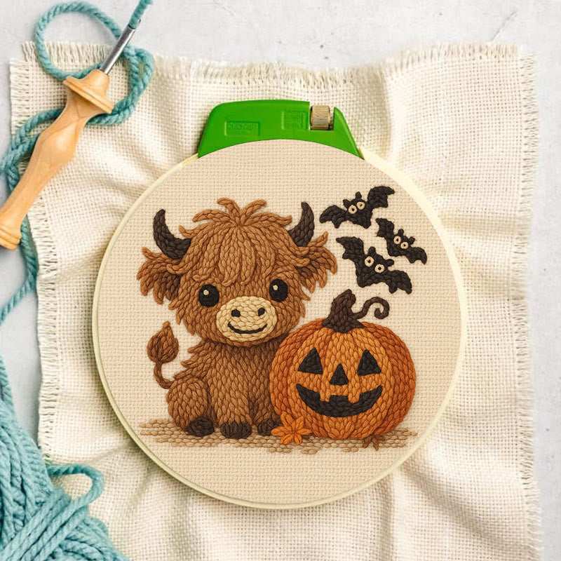 Cow Wtih Pumpkin Punch Needle Kit - Halloween Animal Decor | Diy Hoop Artwork - image 4