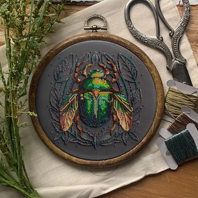 Rubbyoo Bead Embroidery Kit - Emerald Beetle | Personalized Insect Craft | Wall Hanging Artwork - image 1