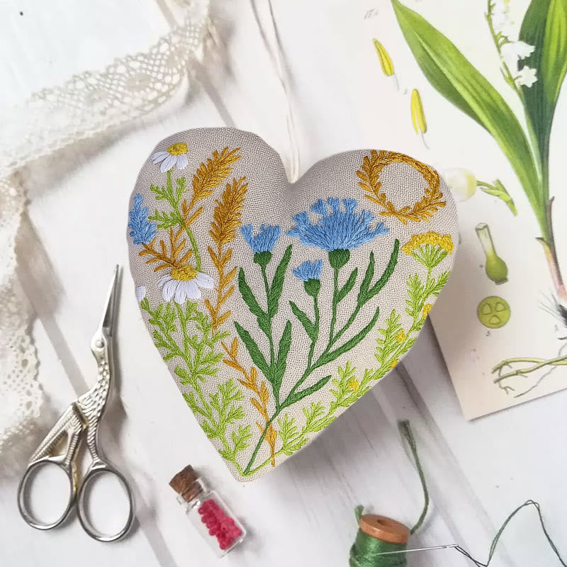 Rubbyoo Heart Embroidery Kit - Blue Wildflower | Diy Decorative Craft | Flower Hanging Ornament - 6 inches hoop kit - image 0