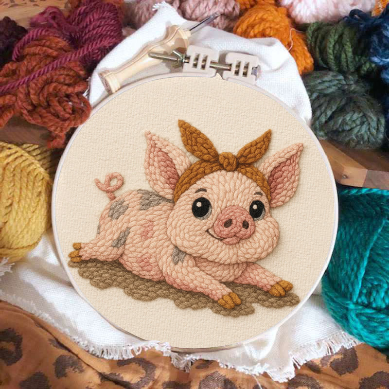 Lying Pig Punch Needle Kit - Cute Animal Craft | Unique Wall Hangings - image 1