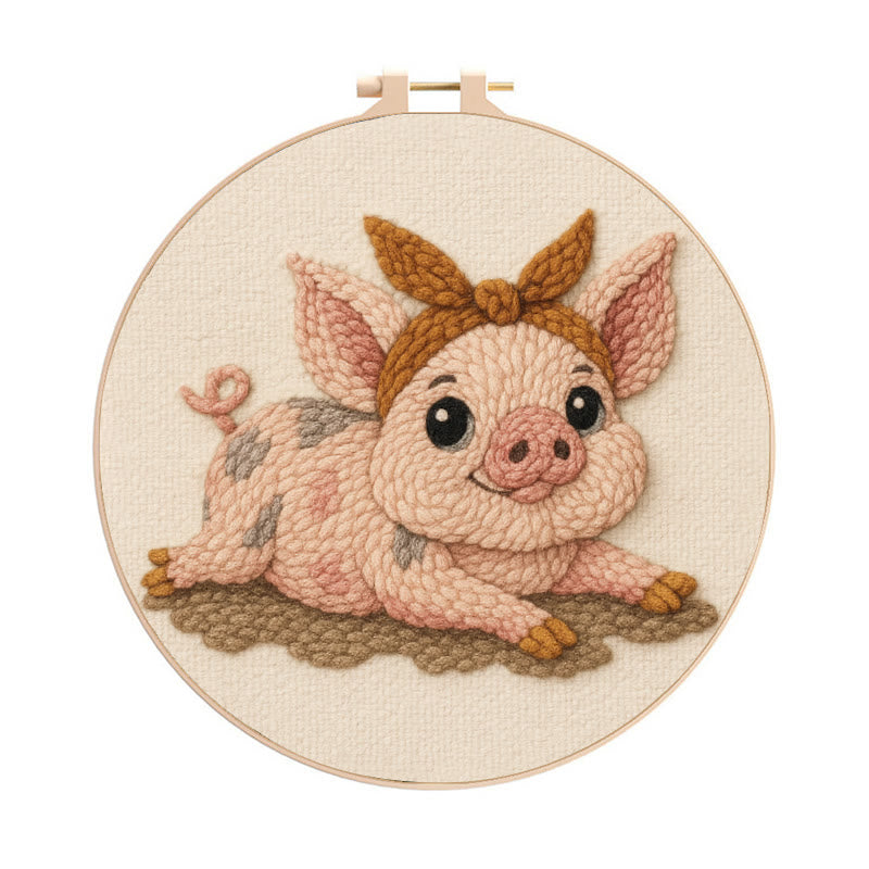 Lying Pig Punch Needle Kit - Cute Animal Craft | Unique Wall Hangings - 8 inch Hoop Kit - image 0