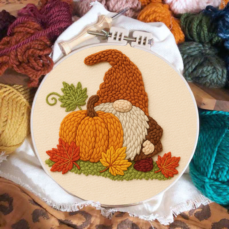 Gnome With Pumpkin Punch Needle Kit - Diy Needlework Gift | Halloween Wall Art - image 1