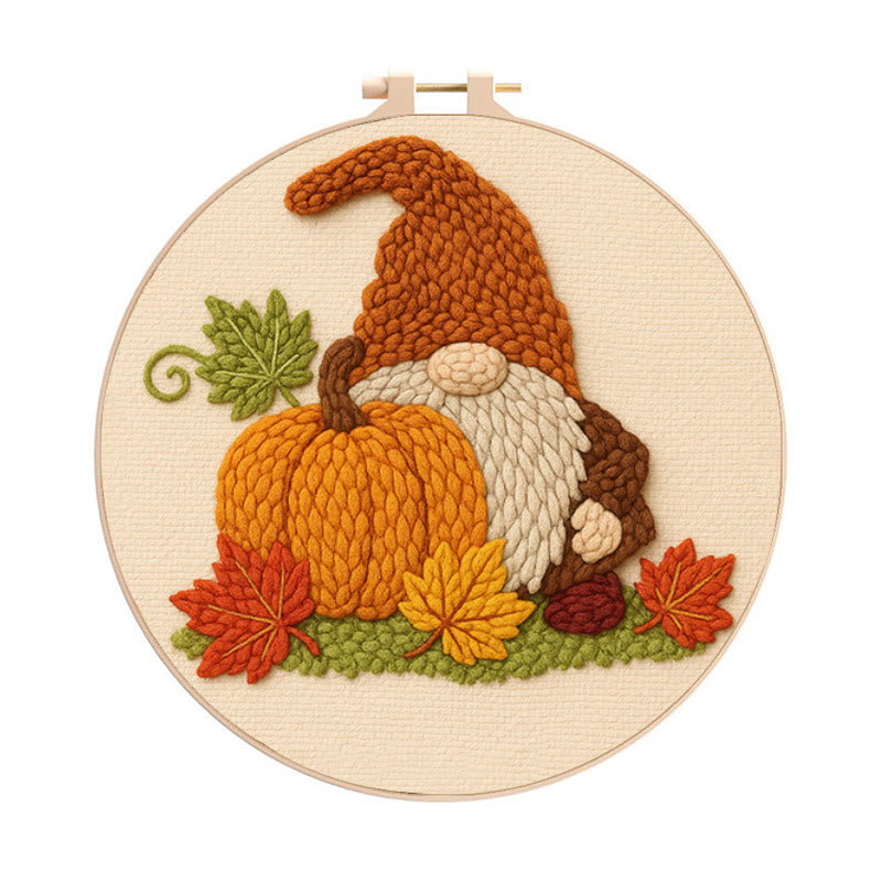Gnome With Pumpkin Punch Needle Kit - Diy Needlework Gift | Halloween Wall Art - 8 inch Hoop Kit - image 0