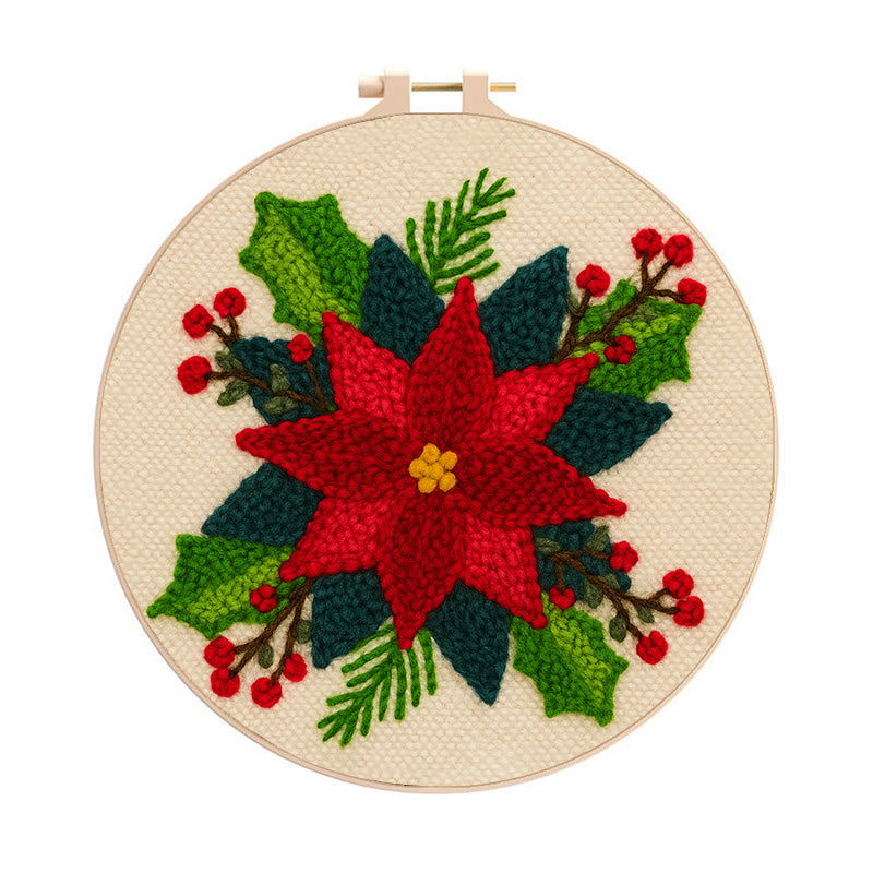 Christmas Poinsettia Punch Needle Kit - Winter Handmade Craft | Christmas Home Decoration  - 8 inch Hoop Kit - image 0