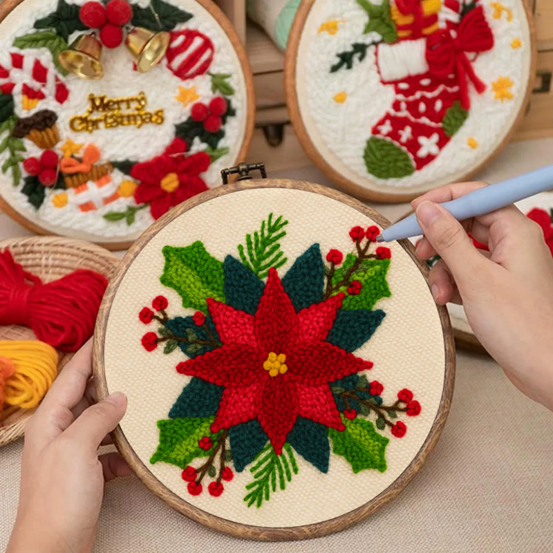 Christmas Poinsettia Punch Needle Kit - Winter Handmade Craft | Christmas Home Decoration  - image 1