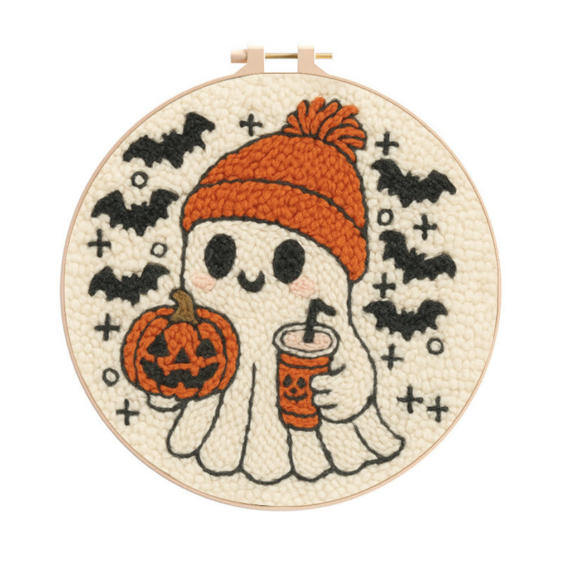 Drinking Ghost Punch Needle Kit - Adorable Halloween Needlework | Handmade Coaster Craft  - 8 inch Hoop Kit - image 0