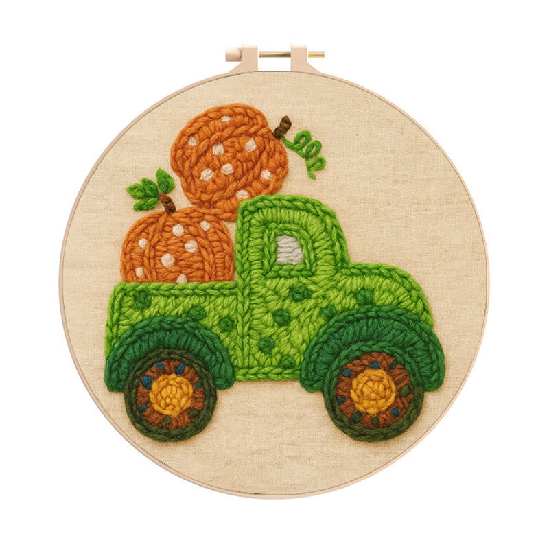 Pumpkins Truck Punch Needle Kit - Thanksgiving Handmade Craft | Diy Halloween Decor - 8 inch Hoop Kit - image 0