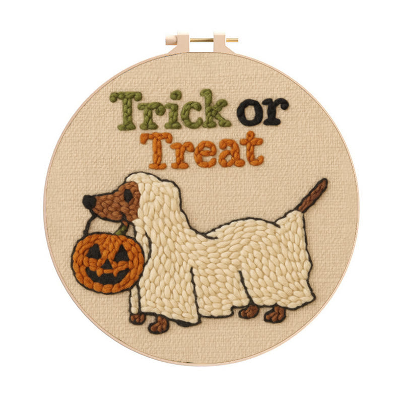 Trick Dog Punch Needle Kit - Creative Ghost Craft | Spooky Halloween Decoration - 8 inch Hoop Kit - image 0