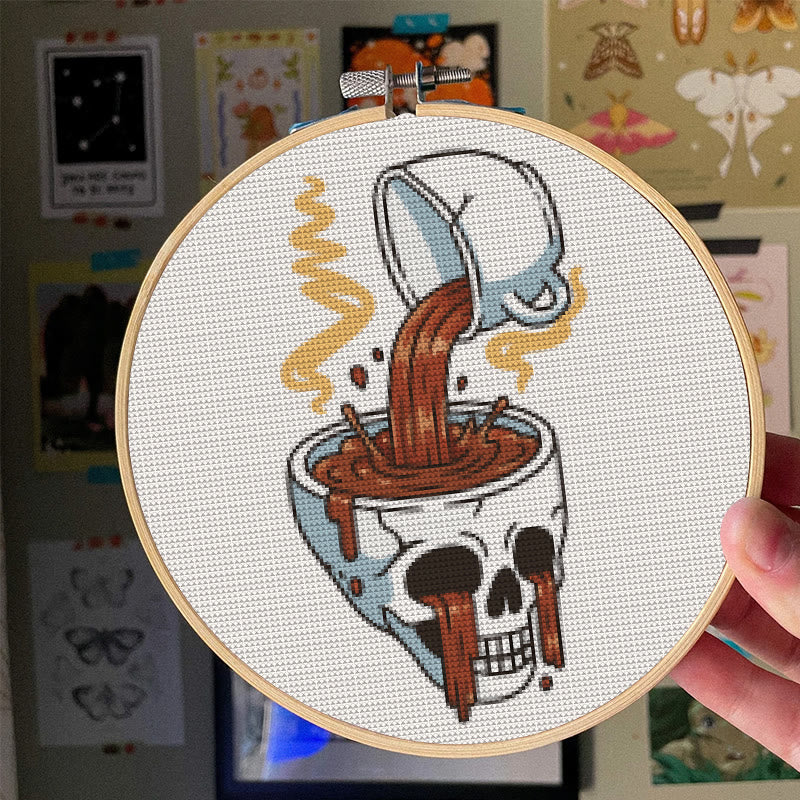  Cross Stitch Kit - Coffee Skull | Spooky Halloween Craft | Easy Stitch Artwork - image 1
