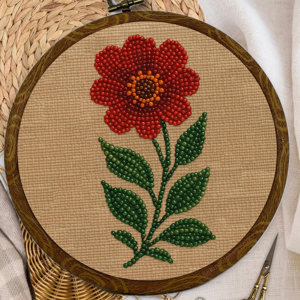 Rubbyoo Bead Embroidery Kit - Red Flower | Diy Floral Art | Beginner Handmade Set - image 1
