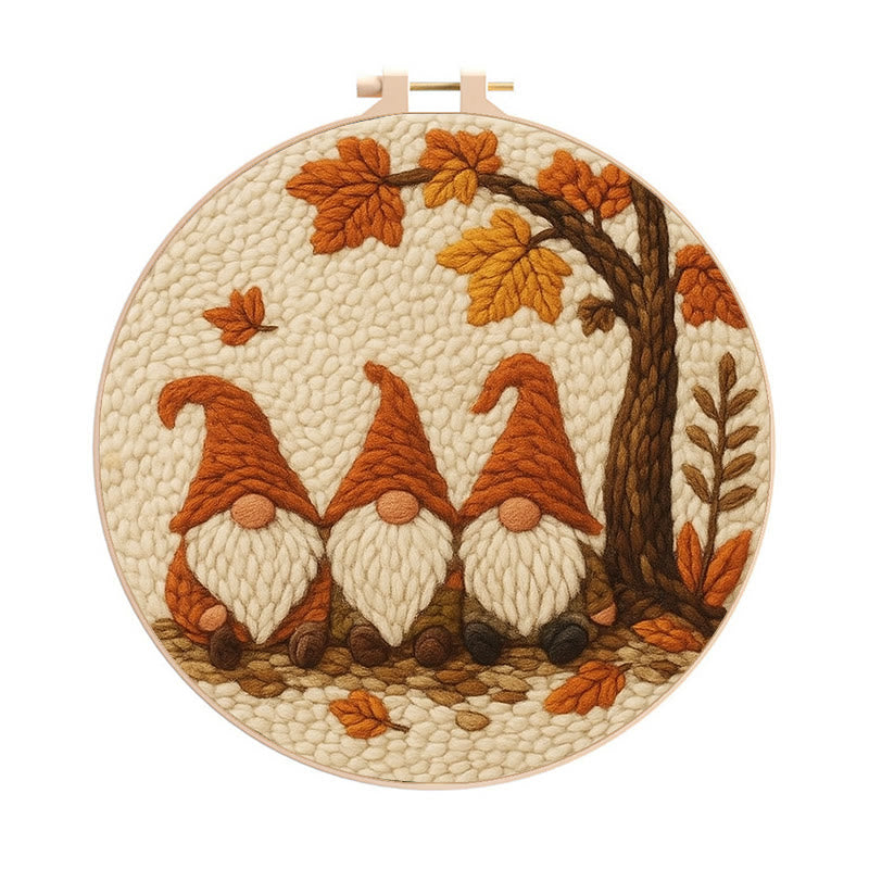   Gnomes Under The Tree Punch Needle Kit - Autumn Handmade Artwork | Diy Halloween Craft  - 8 inch Hoop Kit - image 0