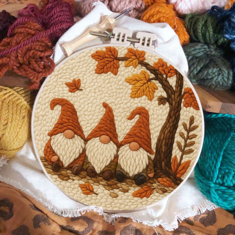   Gnomes Under The Tree Punch Needle Kit - Autumn Handmade Artwork | Diy Halloween Craft  - image 1