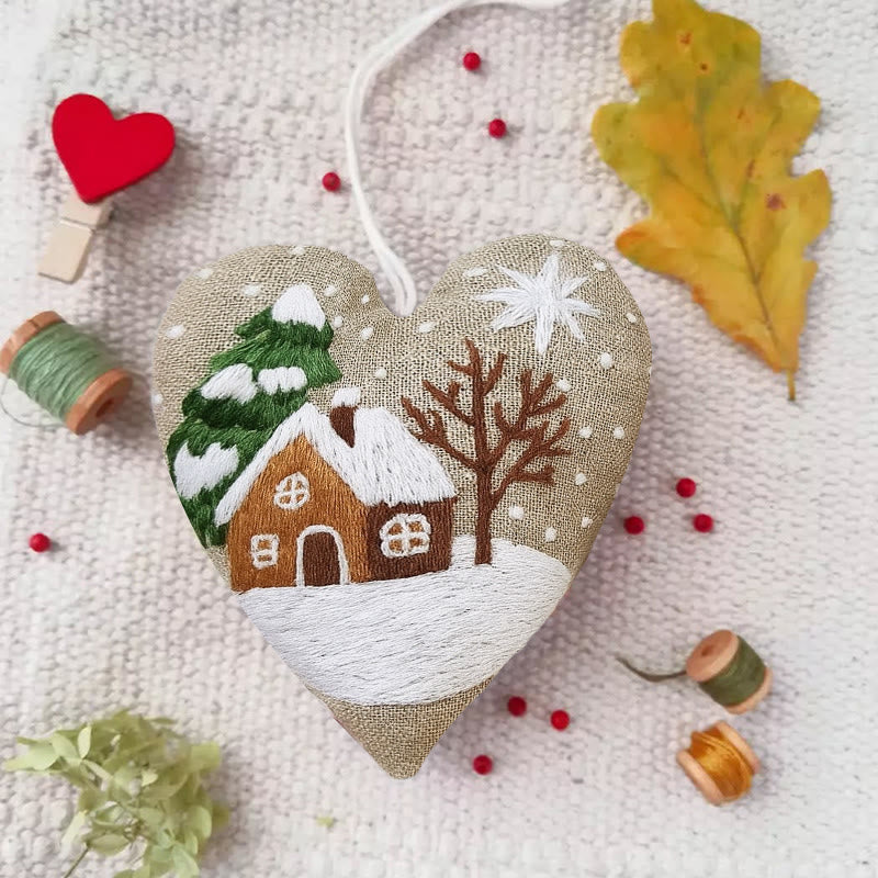 Rubbyoo Heart Embroidery Kit - Snowy House | Christmas Tree Ornament | Diy Handmade Craft - image 1