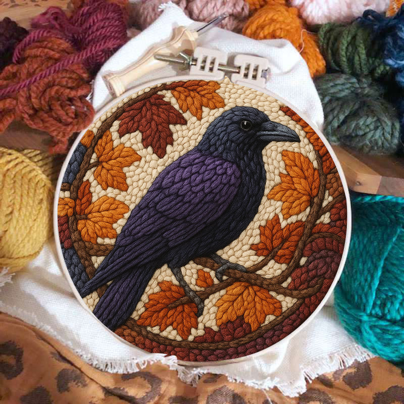 Autumn Raven Punch Needle Kit - Diy Holiday Ornament | Handmade Craft For Bird Lover  - image 1
