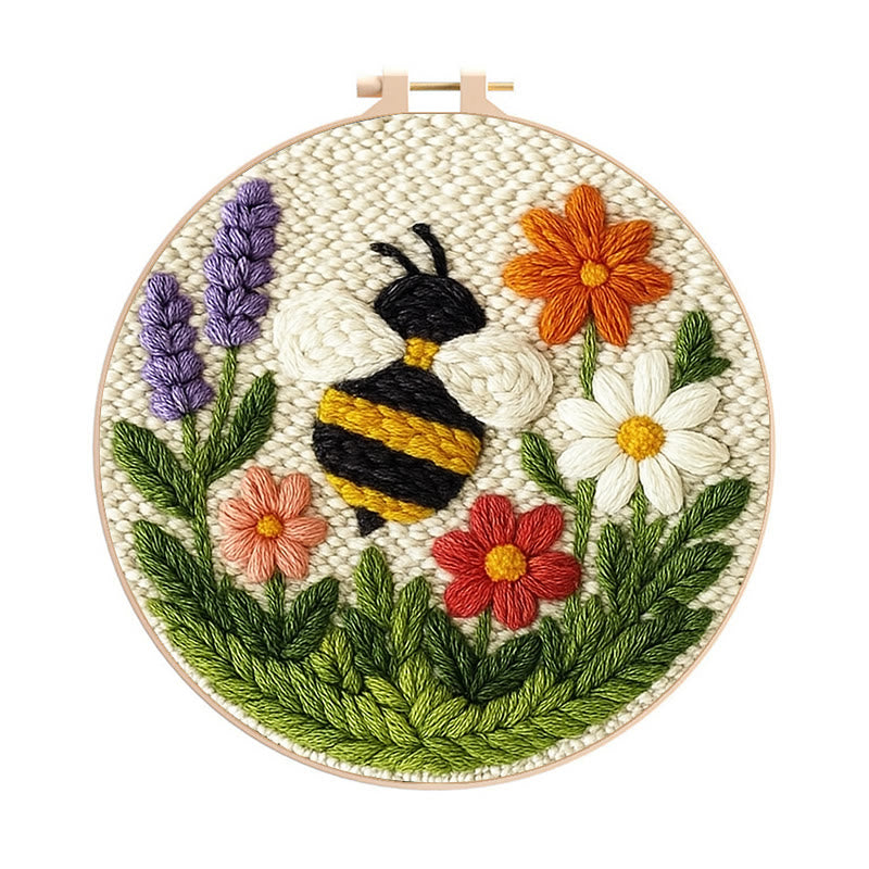 Bee With Flower Punch Needle Kit - Beautiful Decorative Art | Unique Handmade Coaster - 8 inch Hoop Kit - image 0