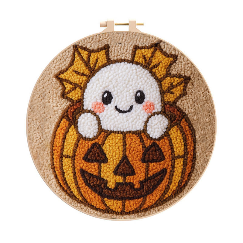 Pumpkin Ghost Punch Needle Kit - Adorable Halloween Craft | Diy Decorative Art - 8 inch Hoop Kit - image 0