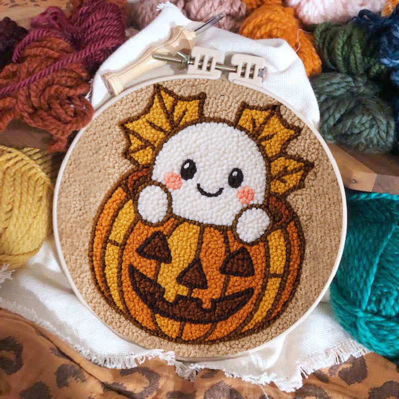 Pumpkin Ghost Punch Needle Kit - Adorable Halloween Craft | Diy Decorative Art - image 1