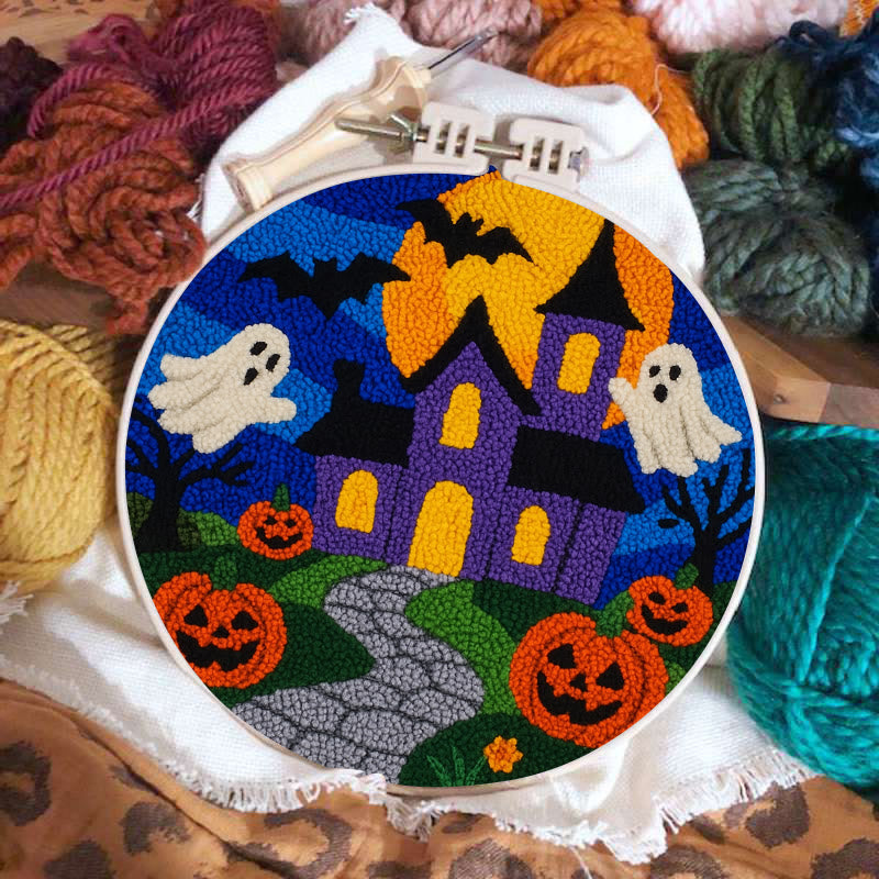 Halloween Night Punch Needle Kit - Spooky Castle Craft | Diy Needle Artwork - image 1