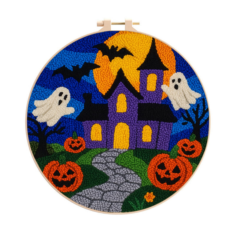 Halloween Night Punch Needle Kit - Spooky Castle Craft | Diy Needle Artwork - 8 inch Hoop Kit - image 0