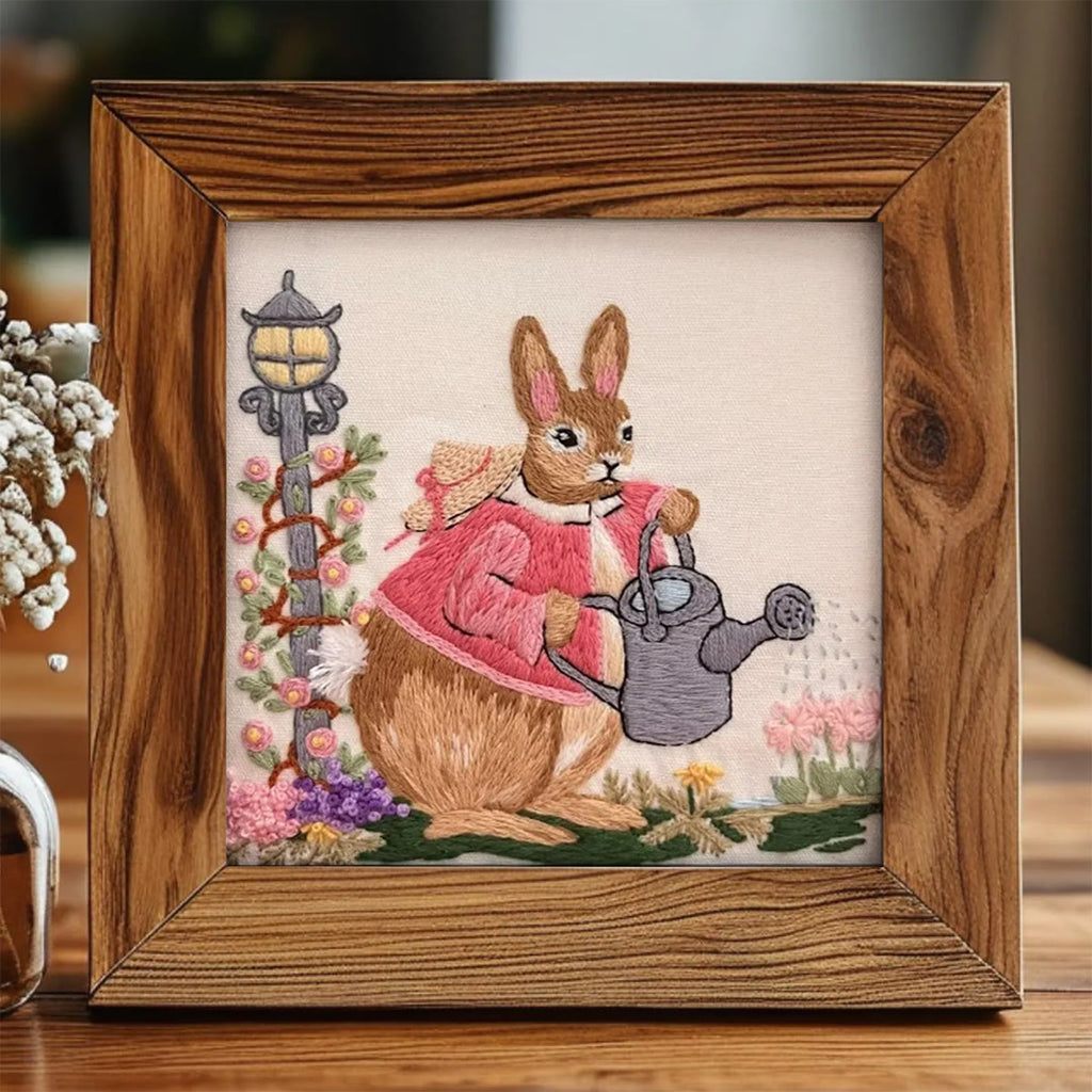 Rubbyoo Embroidery Kit - Watering Bunny | Adorable Animal Craft | Perfect Wall Ornament - 20*20cm Embroidery Kit ( Without frame） - image 0
