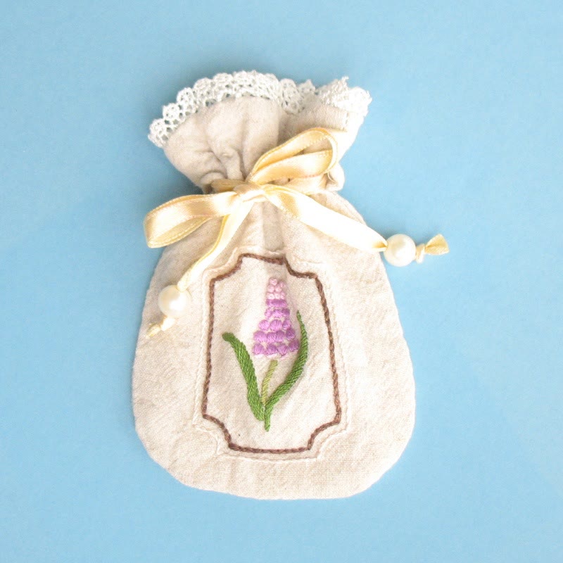 Embroidery Mini Drawstring Pouch Kit | Unique Floral Craft | Perfect Birthday Gift For Her - Hyacinths - Beige bag - image 5