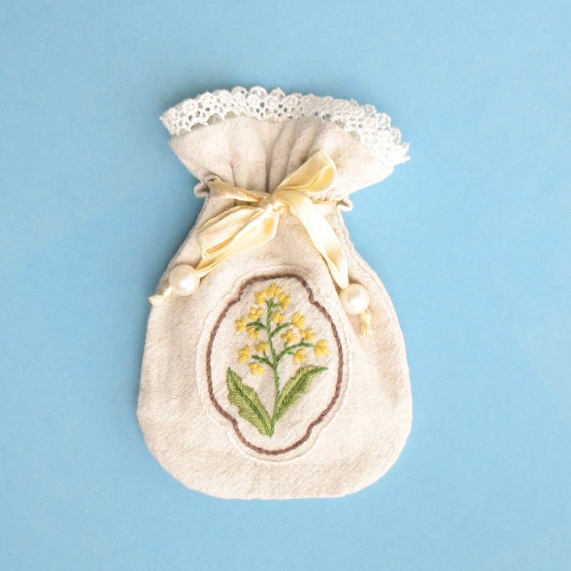 Embroidery Mini Drawstring Pouch Kit | Unique Floral Craft | Perfect Birthday Gift For Her - Yellow flower - Beige bag - image 7
