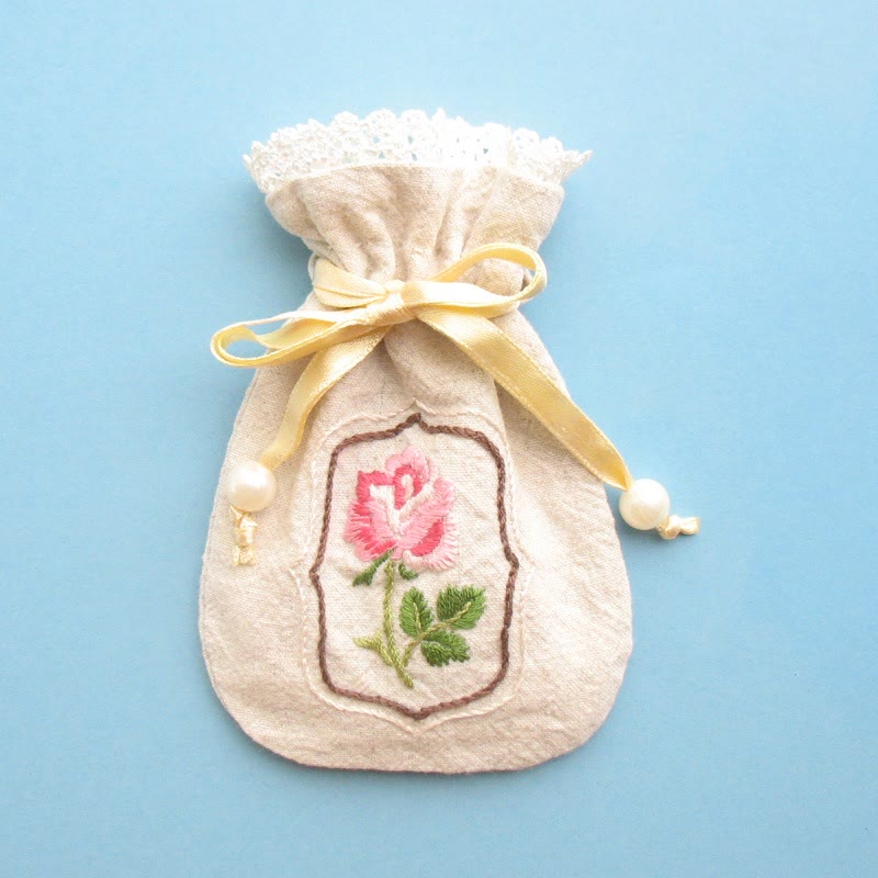 Embroidery Mini Drawstring Pouch Kit | Unique Floral Craft | Perfect Birthday Gift For Her - Rose - Beige bag - image 4