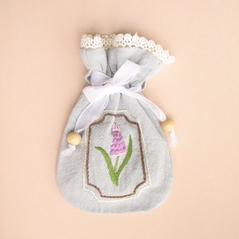 Embroidery Mini Drawstring Pouch Kit | Unique Floral Craft | Perfect Birthday Gift For Her - Hyacinths - Blue bag - image 9