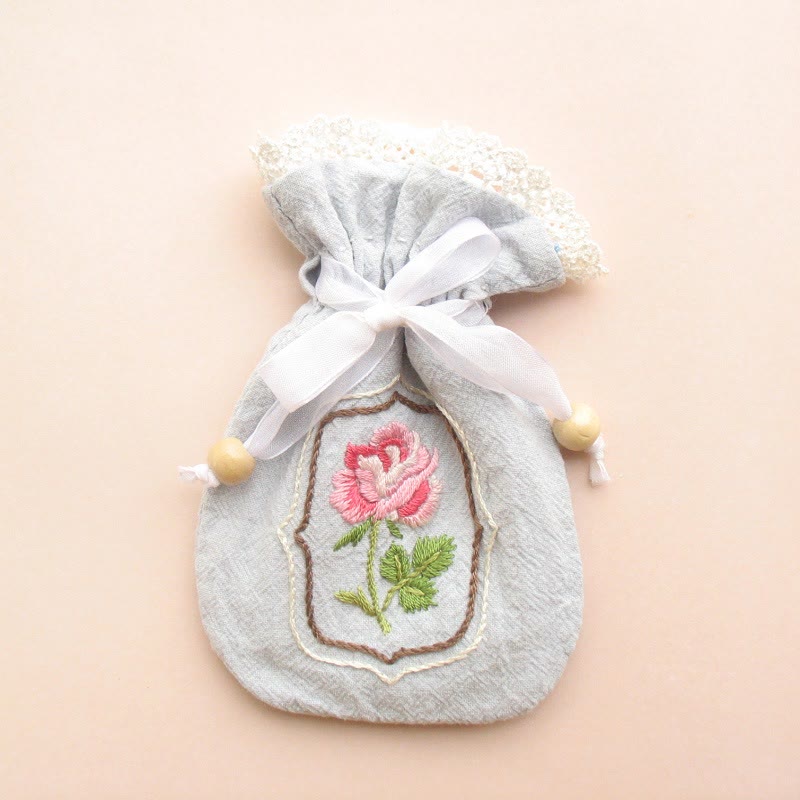 Embroidery Mini Drawstring Pouch Kit | Unique Floral Craft | Perfect Birthday Gift For Her - Rose - Blue bag - image 8
