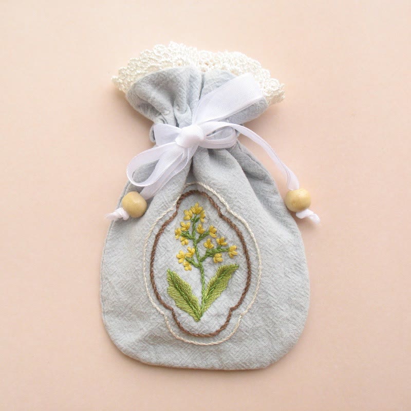 Embroidery Mini Drawstring Pouch Kit | Unique Floral Craft | Perfect Birthday Gift For Her - Yellow flower - Blue bag - image 11
