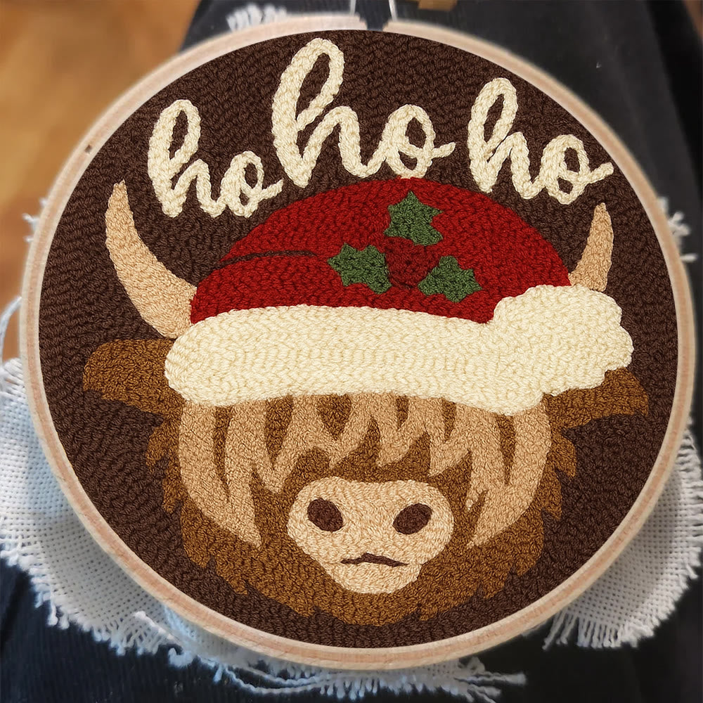 Christmas Highland Cow Punch Needle Kit - Diy Door Decor | Easy Handicraft For Adults - image 1