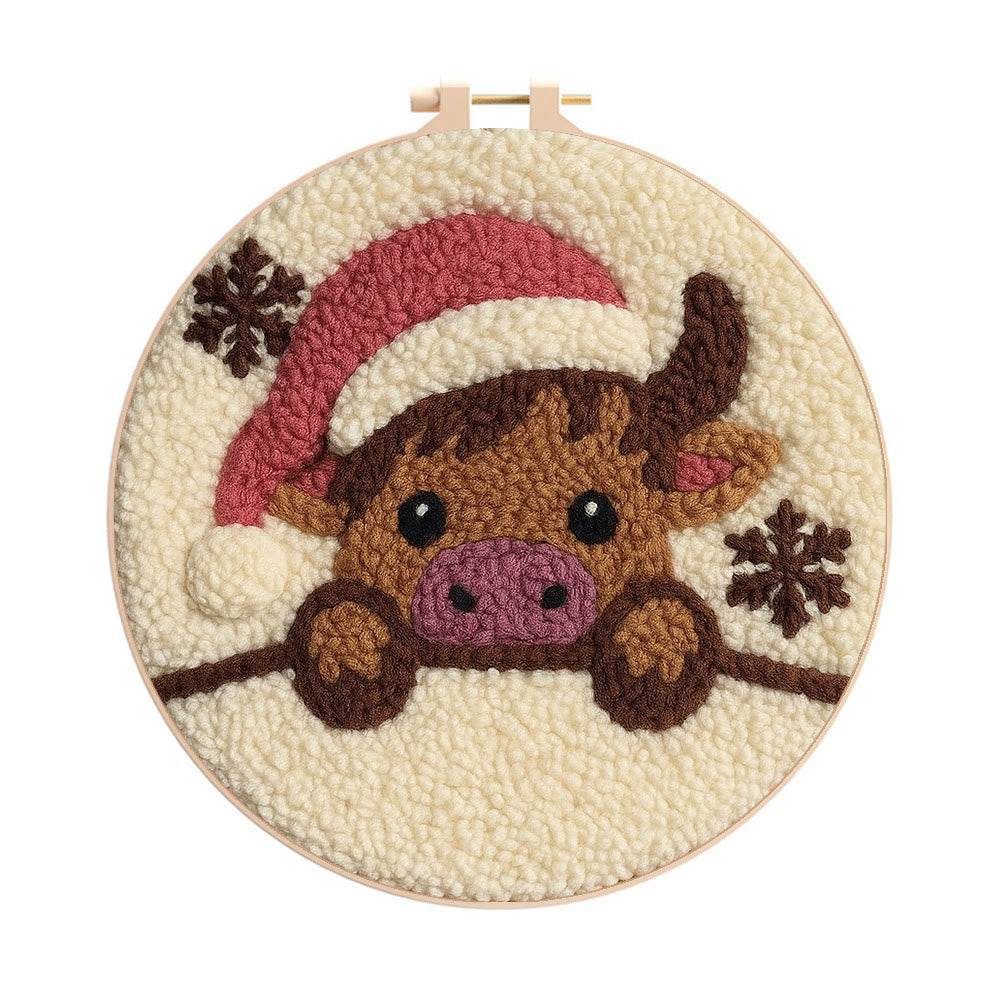 Adorable Cow Punch Needle Kit - Lovely Animal Craft | Christmas Decorative Artwork - 8 inch Hoop Kit - image 0