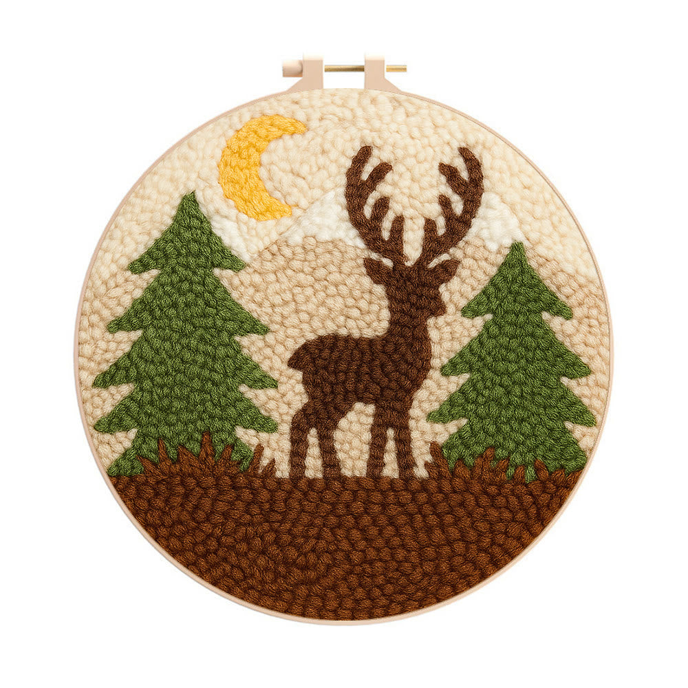Deer In Forest Punch Needle Kit - Landscape Handmade Collection | Perfect Room Decoration - 8 inch Hoop Kit - image 0